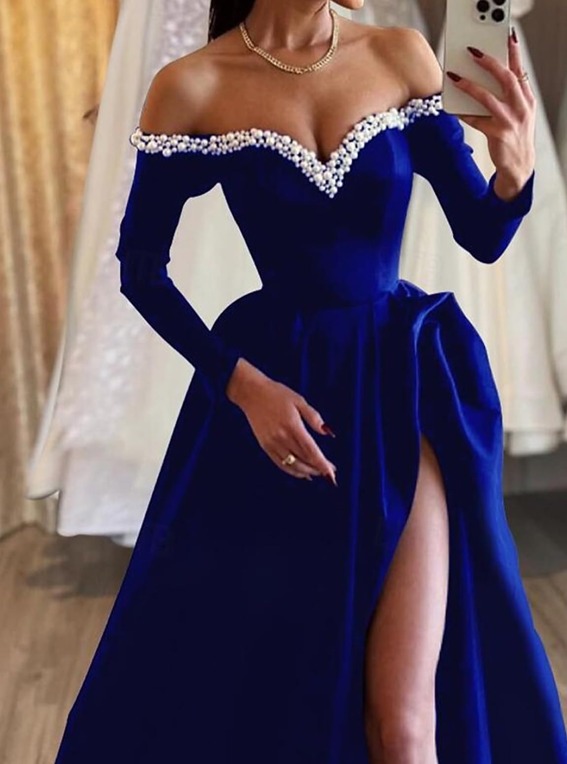A-line sexy evening dress formal ball dress big swing/brush long sleeved off shoulder satin pearl slit 2024