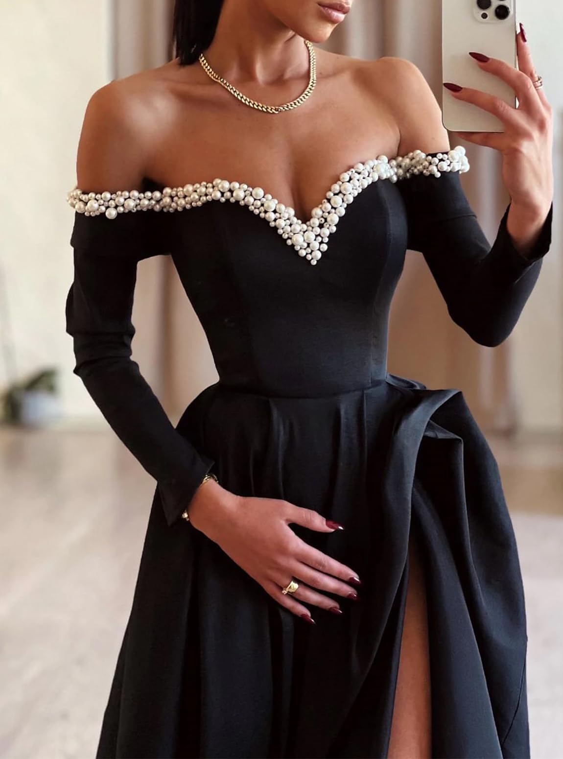 A-line sexy evening dress formal ball dress big swing/brush long sleeved off shoulder satin pearl slit 2024