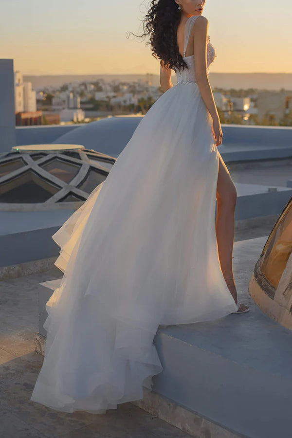 Robe de mariée princesse trapèze à col en cœur et perles