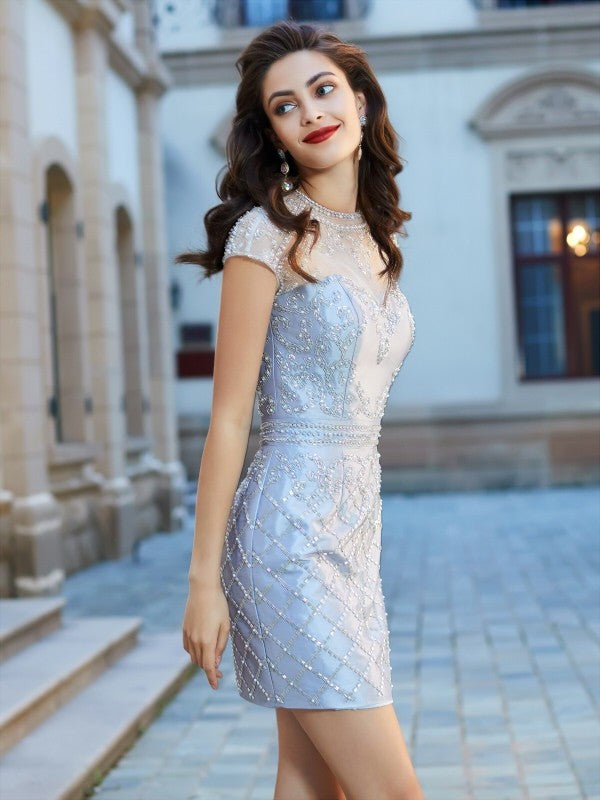 Etui-Linie Juwel-Ausschnitt Kurze Ärmel Perlen verziert Satin Kurz/Mini Kleider