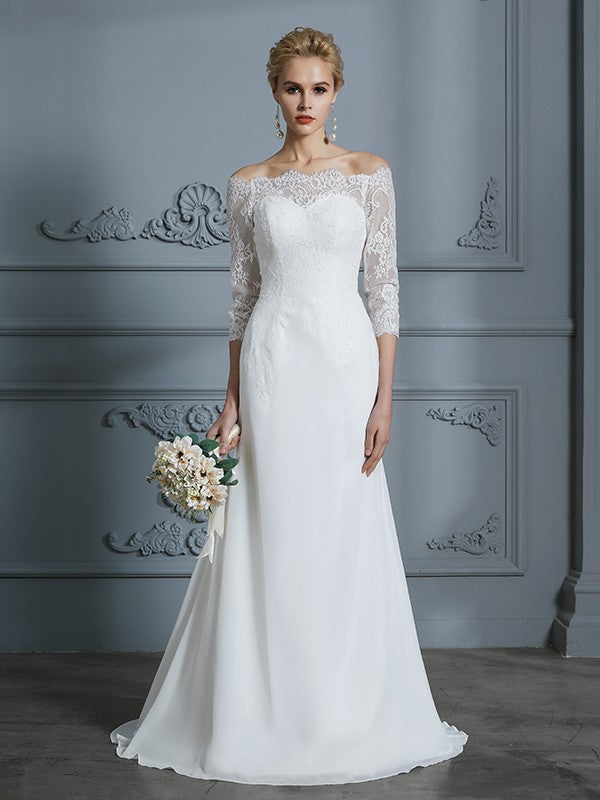 Trompete/Meerjungfrau-Linie 1/2 Ärmel Schulterfrei Sweep/Pinsel zug Chiffon Brautkleider