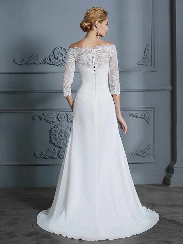 Trompete/Meerjungfrau-Linie 1/2 Ärmel Schulterfrei Sweep/Pinsel zug Chiffon Brautkleider
