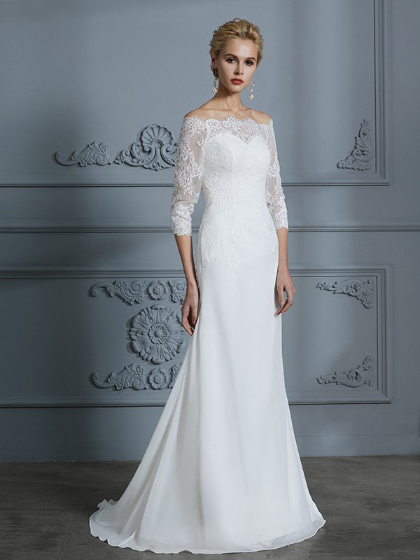 Trompete/Meerjungfrau-Linie 1/2 Ärmel Schulterfrei Sweep/Pinsel zug Chiffon Brautkleider