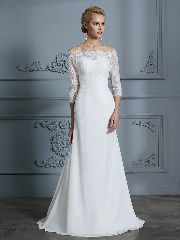Trompete/Meerjungfrau-Linie 1/2 Ärmel Schulterfrei Sweep/Pinsel zug Chiffon Brautkleider