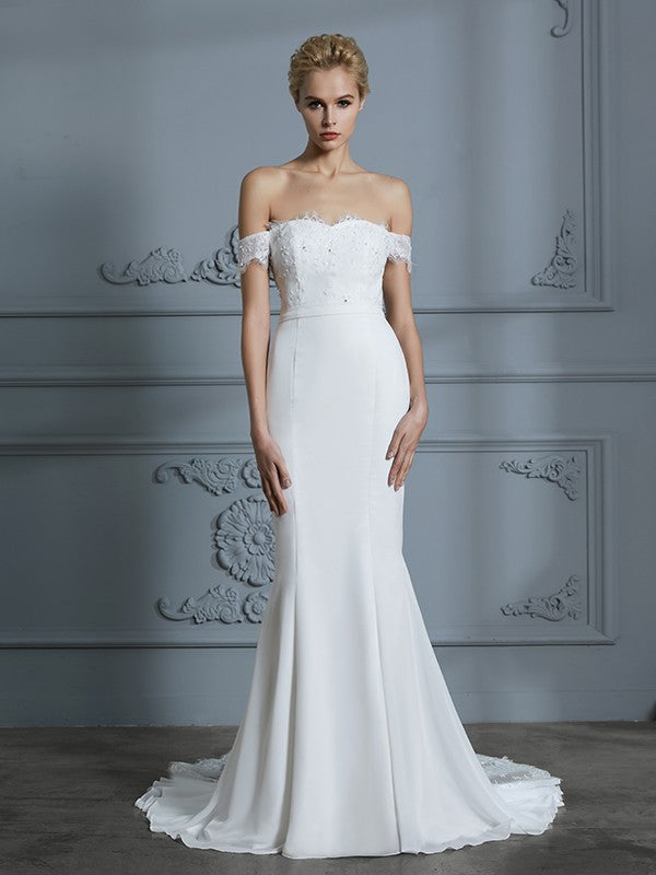 Trompete/Meerjungfrau-Linie Schulterfrei Ärmellos Spitze Chiffon Sweep/Pinsel zug Brautkleider
