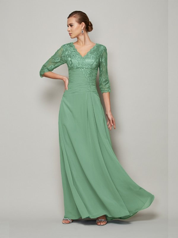 Robe de mère de la mariée longue en mousseline de soie, coupe A-Line/Princesse, col en V, manches 3/4, dentelle
