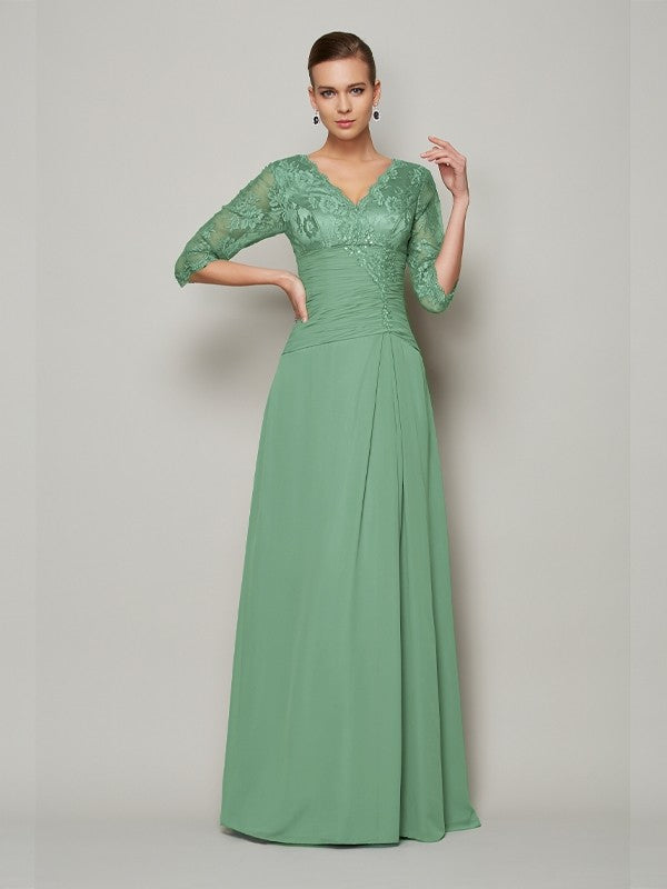 Robe de mère de la mariée longue en mousseline de soie, coupe A-Line/Princesse, col en V, manches 3/4, dentelle