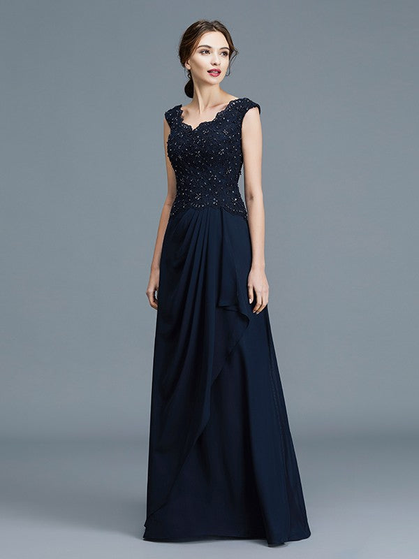 Robe de mère de la mariée coupe A-Line/Princesse, col en V, volants, longueur au sol, en mousseline, sans manches