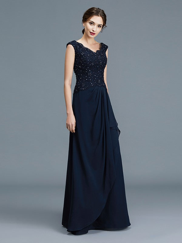 Robe de mère de la mariée coupe A-Line/Princesse, col en V, volants, longueur au sol, en mousseline, sans manches