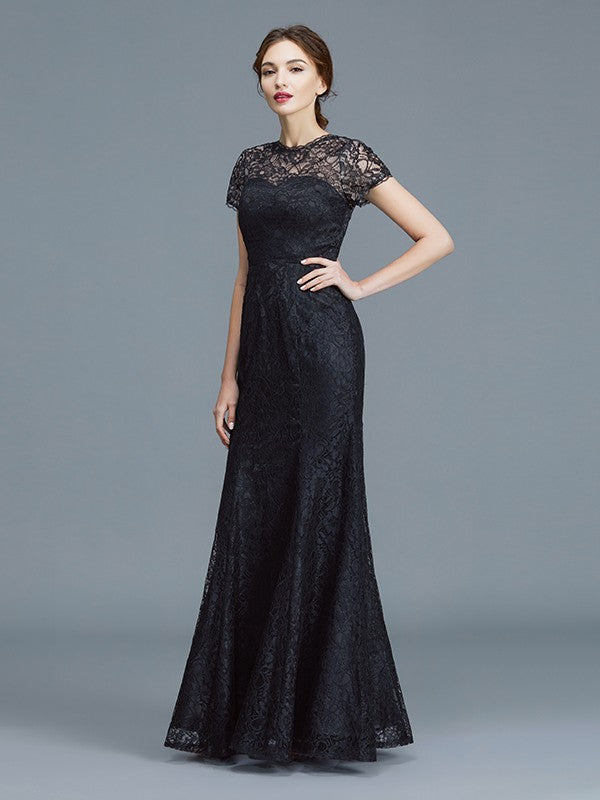Robe de mère de la mariée trompette/sirène à manches courtes et en dentelle, longueur au sol