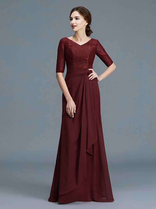 Robe de mère de la mariée coupe A-Line/Princesse, col en V, manches 1/2, volants, mousseline, longueur au sol