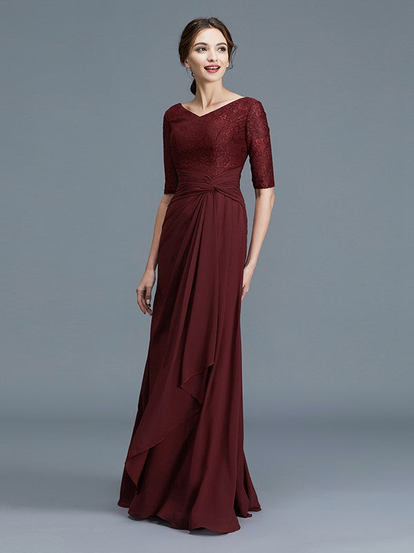 Robe de mère de la mariée coupe A-Line/Princesse, col en V, manches 1/2, volants, mousseline, longueur au sol