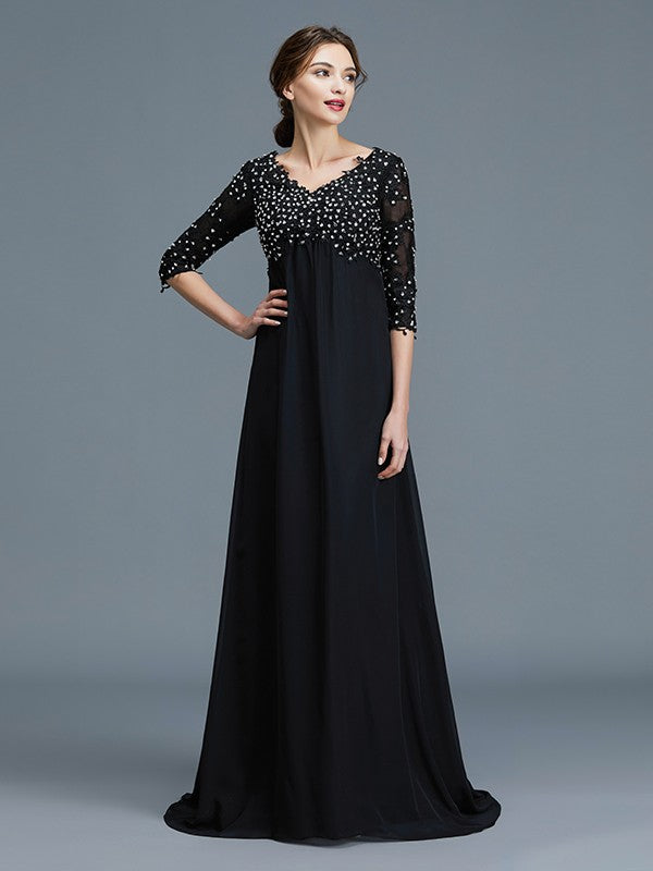 Robe de mère de la mariée coupe A-Line/Princesse, col en V, manches 1/2, en mousseline de soie perlée, longueur au sol