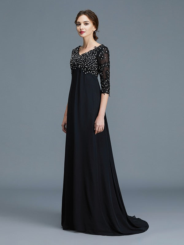 Robe de mère de la mariée coupe A-Line/Princesse, col en V, manches 1/2, en mousseline de soie perlée, longueur au sol