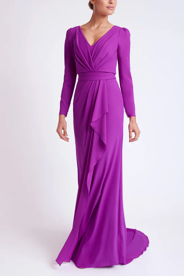 Robe de mère de la mariée à manches longues et col en V, coupe minimale, ourlet à volants