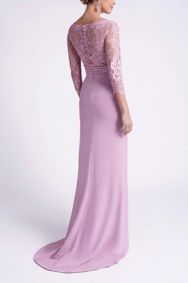 Robe de mère de la mariée à manches 3/4, coupe carrée, en dentelle, avec ourlet à volants