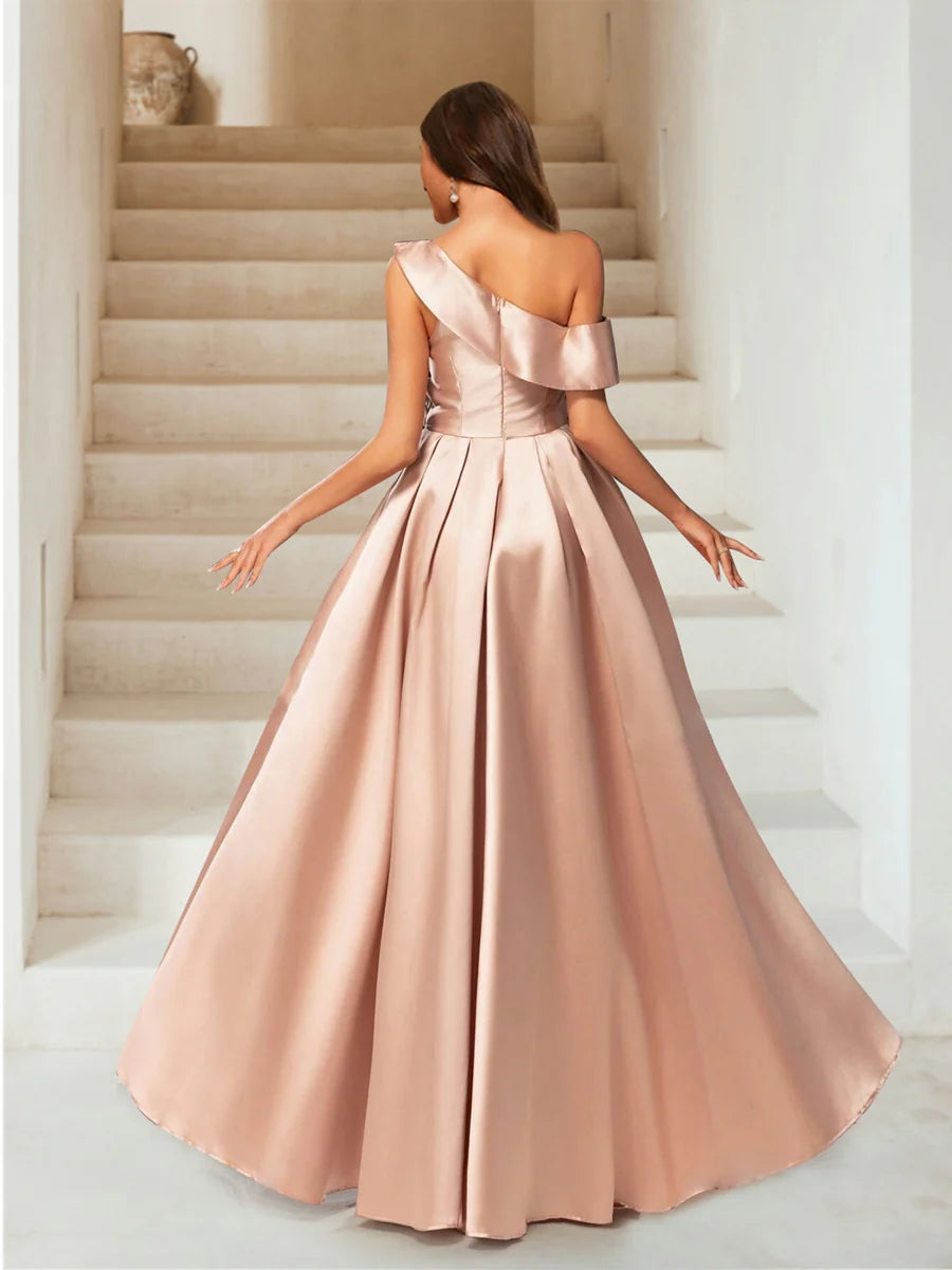 A-line/princess shoulder pleated slit and floor length gown evening dresses