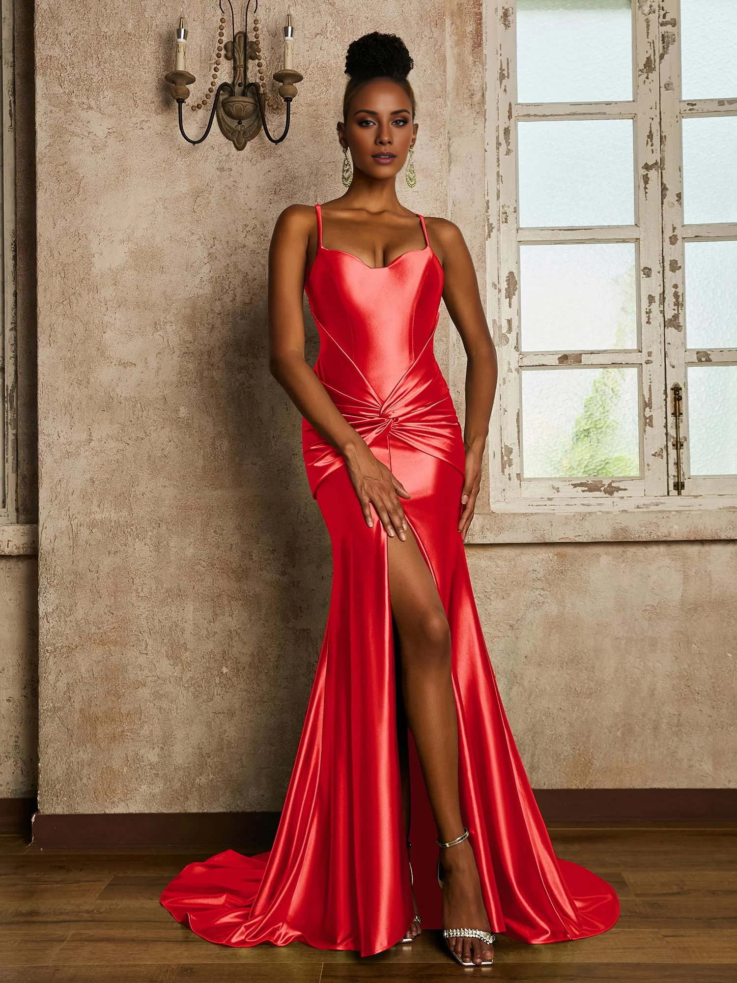 Waist pleated mermaid stretch satin dress - yidibang dress