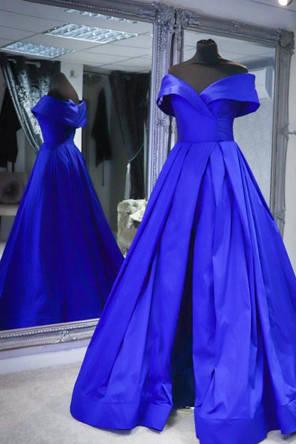 Satin Off-the-Shoulder Sweetheart Ruched Bodice High-Slit Ballgown Floor-Length Regal Formal Evening Dress