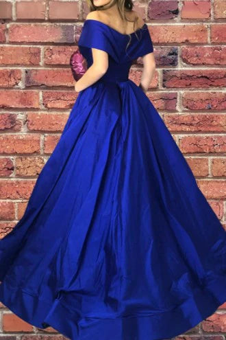 Satin Off-the-Shoulder Sweetheart Ruched Bodice High-Slit Ballgown Floor-Length Regal Formal Evening Dress
