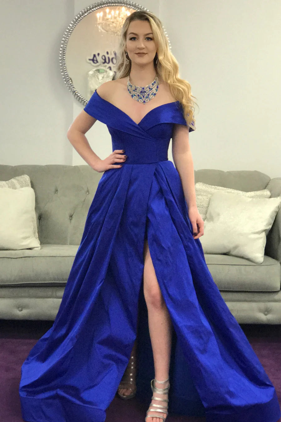 Satin Off-the-Shoulder Sweetheart Ruched Bodice High-Slit Ballgown Floor-Length Regal Formal Evening Dress