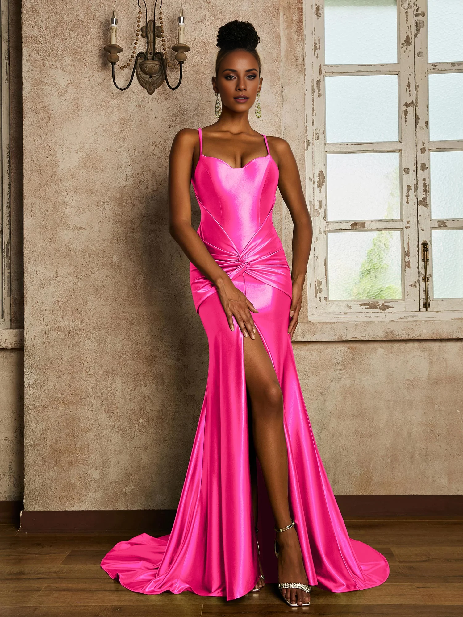 Waist pleated mermaid stretch satin dress - yidibang dress