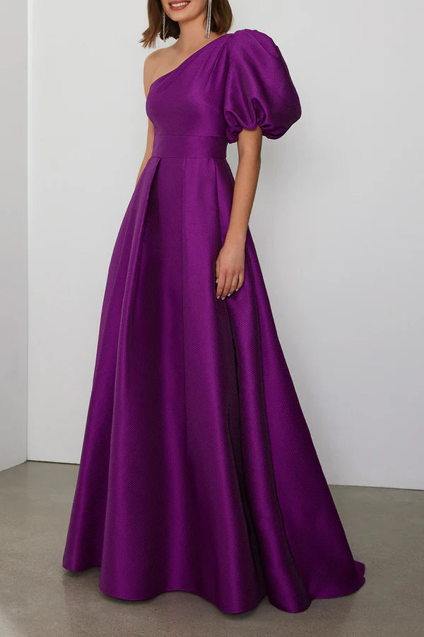 Robe de mère de la mariée empire en satin, coupe trapèze, asymétrique, manches bouffantes