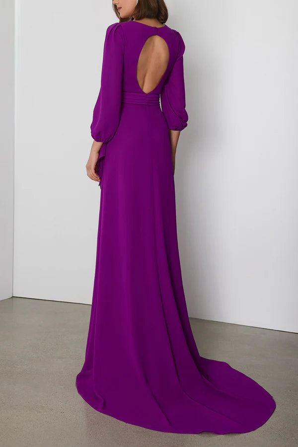 Robe de mère de la mariée élégante et luxueuse à col en V, manches longues, volants et traîne