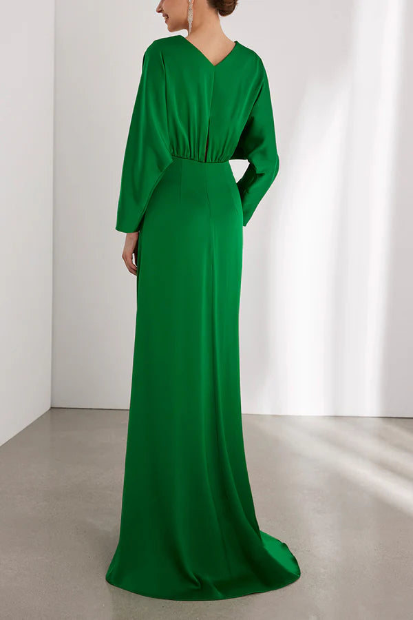 Simple V-neck long sleeved pleated slit for mother of the bride dress