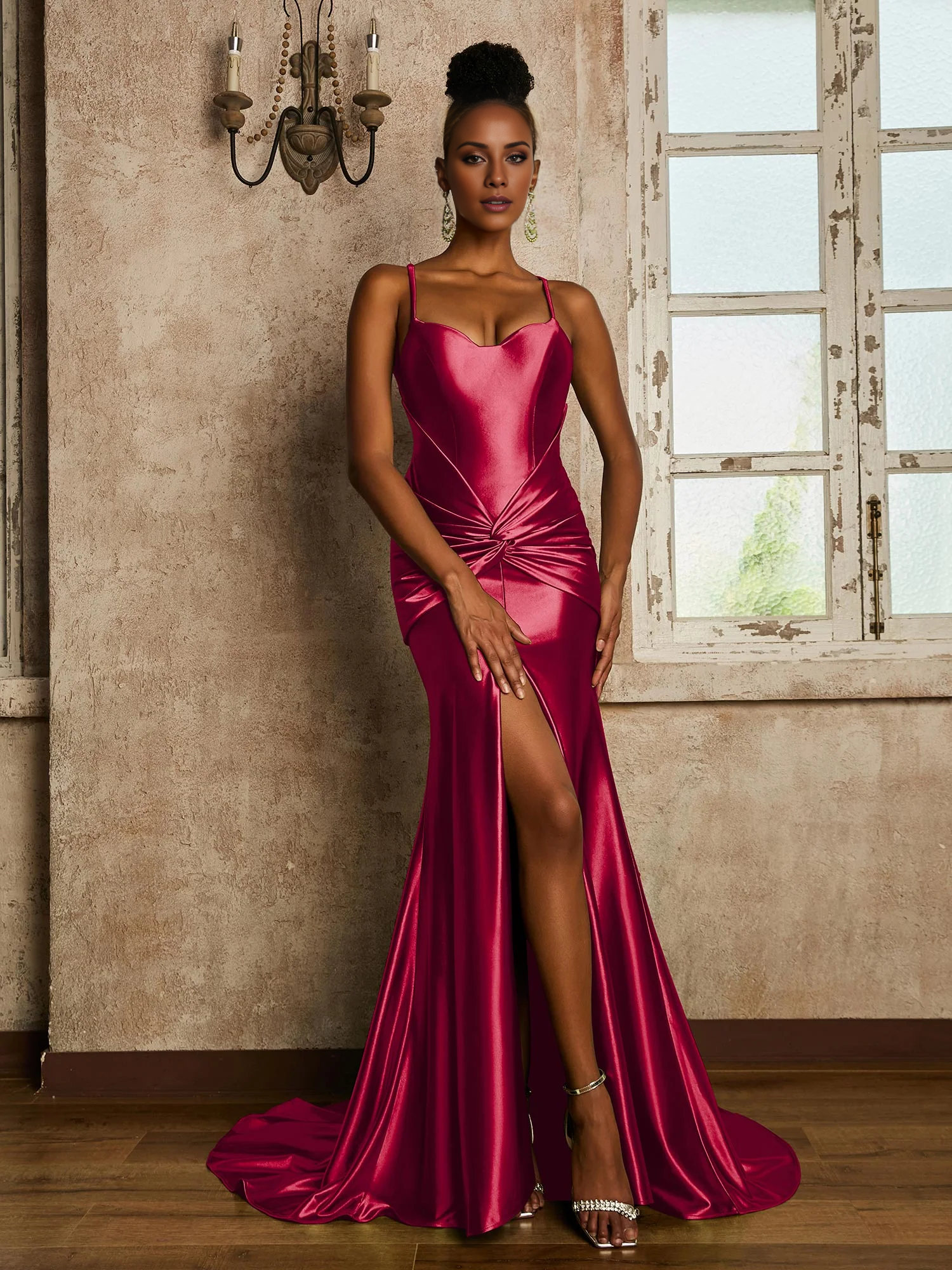 Waist pleated mermaid stretch satin dress - yidibang dress