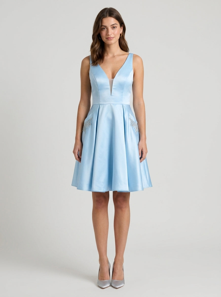 A-Line Deep V-Neck Sparkling Pocket Light Blue Knee-Length Homecoming Dress.