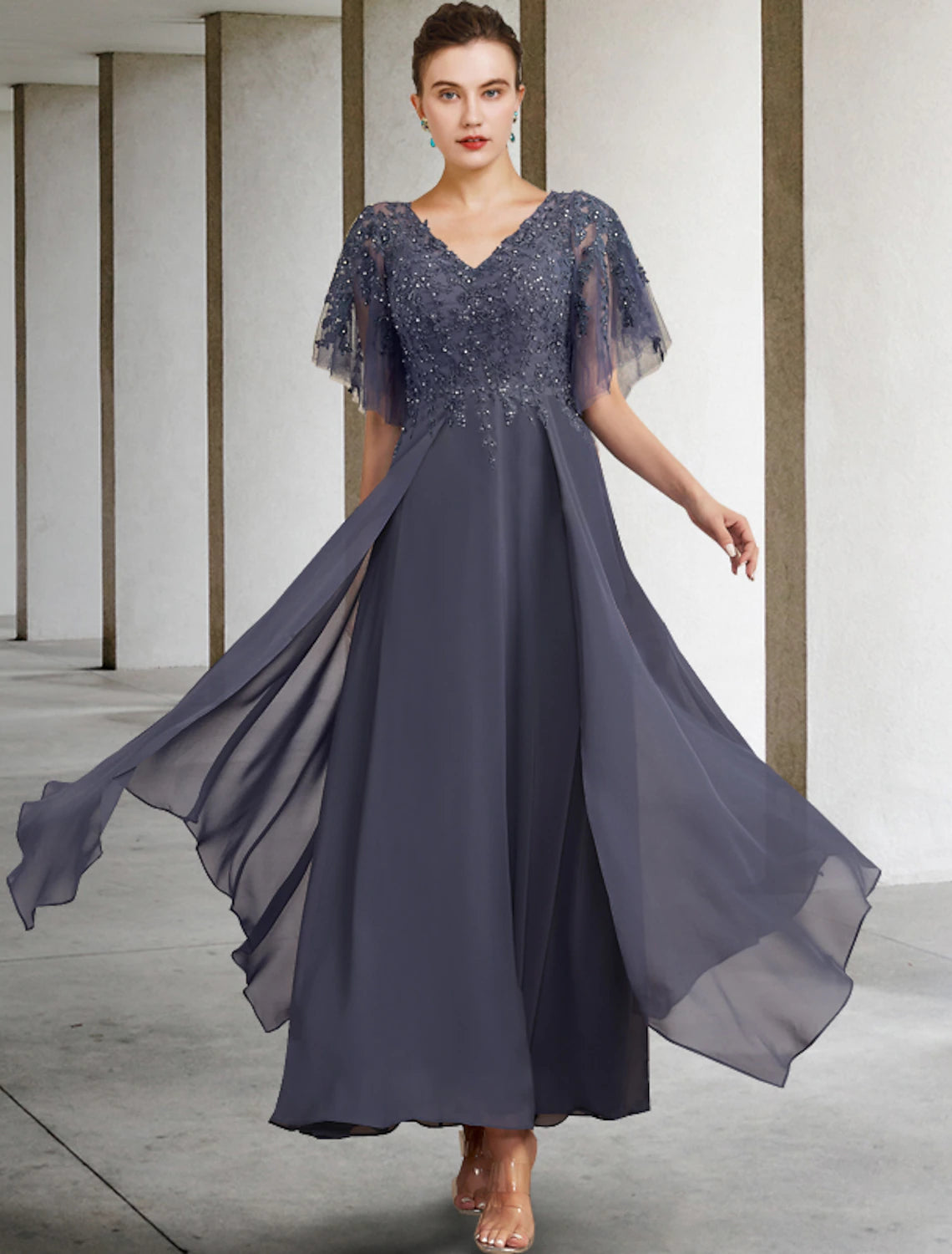 A-Line Plus Size Jewel Neck Short Sleeve Mother of Bride Gown.