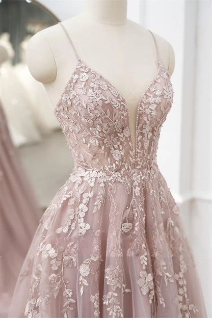 A-Line/Princess Sleeveless V-Neck Floor-Length Applique Tulle Prom Dresses