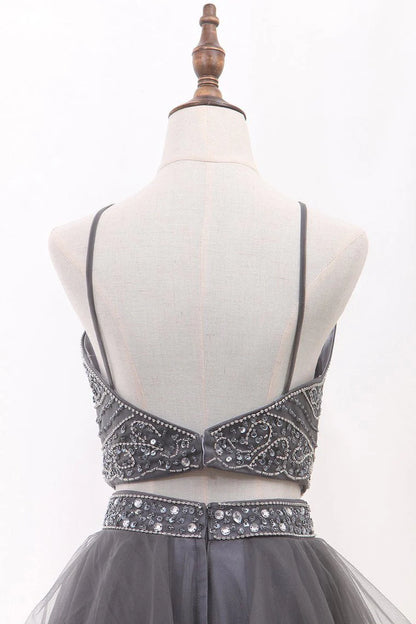 A Line Tulle Spaghetti Straps Two-Piece Prom Dresses With Beads