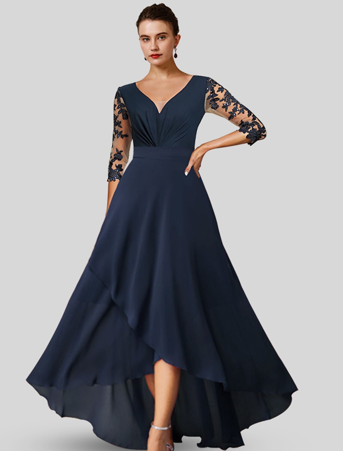 A-Line V-Neck 3/4 Sleeve Dusty Blue Chiffon Lace Tea Length Dress.