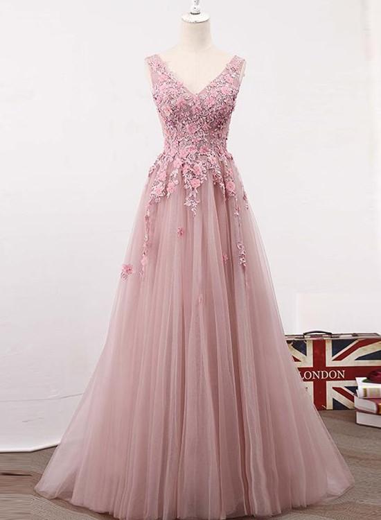 Robe de bal longue rose dos nu avec appliques en dentelle et col en V 
