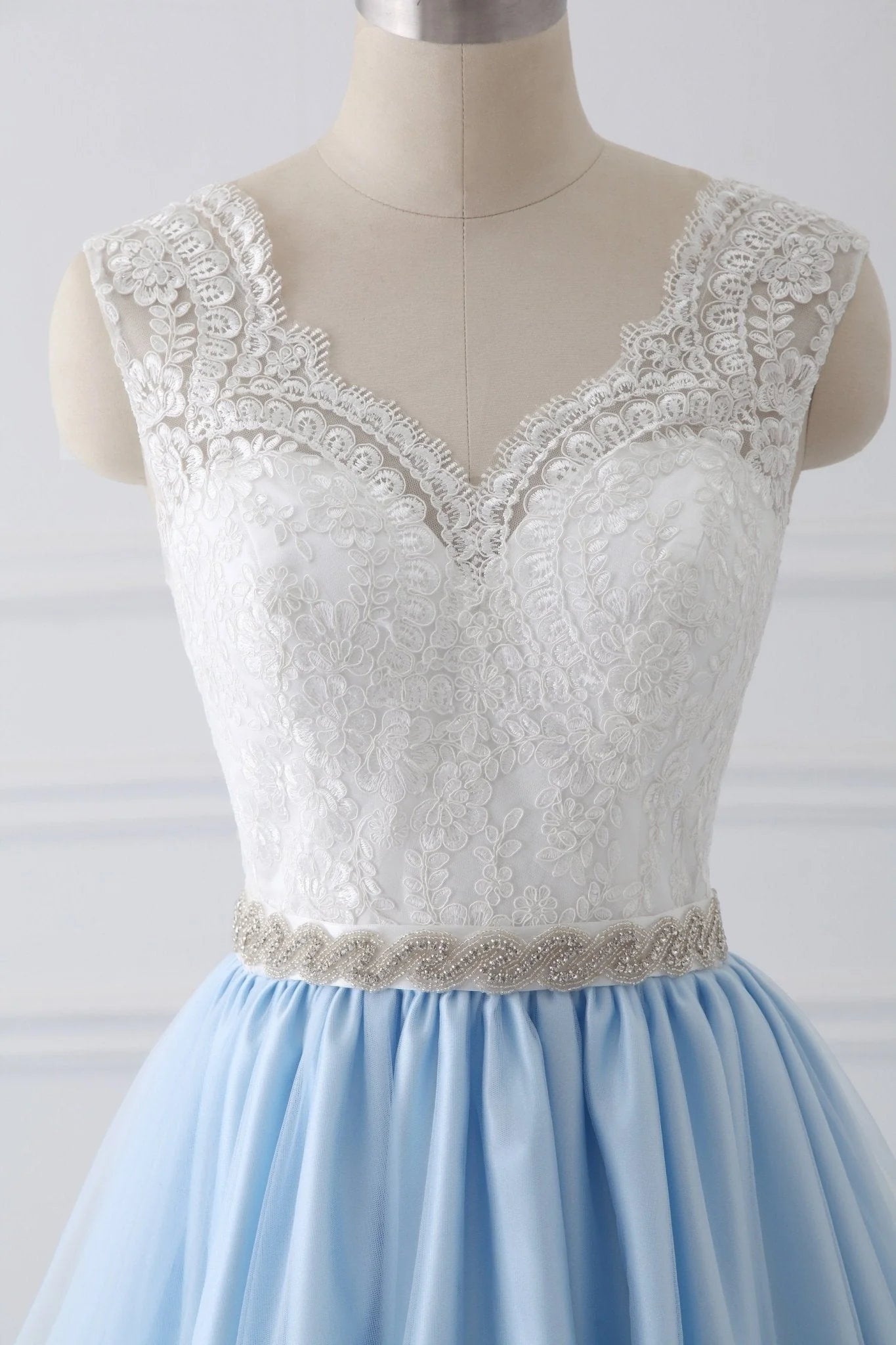 A-Line V-Neck Lace Top Sky Blue Skirt Cheap Sweetheart Tulle Satin Prom Dresses with Sash