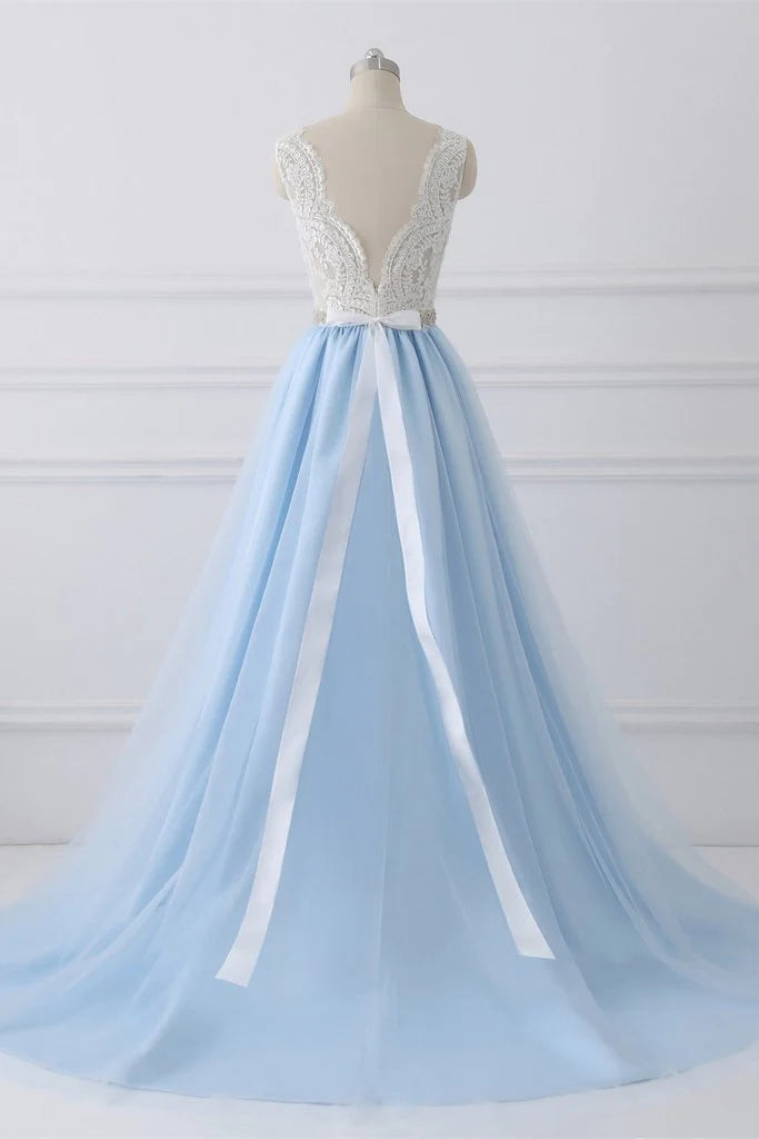 A-Line V-Neck Lace Top Sky Blue Skirt Cheap Sweetheart Tulle Satin Prom Dresses with Sash
