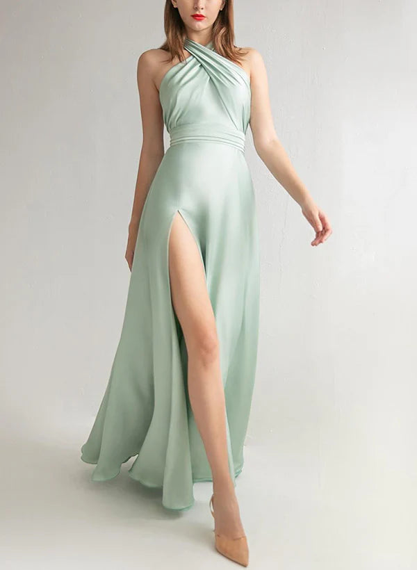 A-line/Princess neck and floor length bridesmaid dress