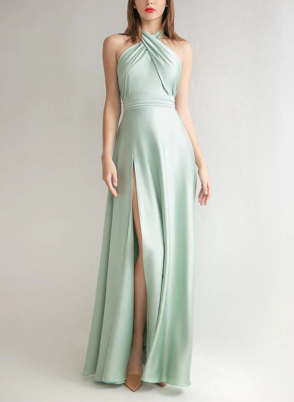 A-line/Princess neck and floor length bridesmaid dress