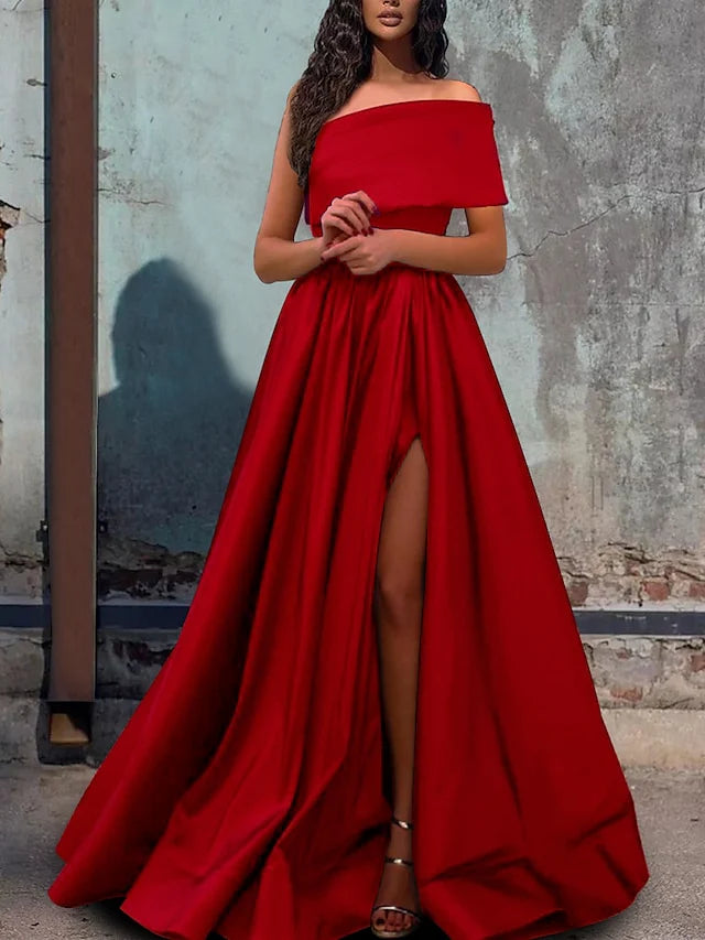 A-shaped/Princess shoulder to ground prom dress