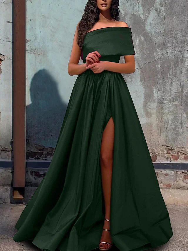 A-shaped/Princess shoulder to ground prom dress