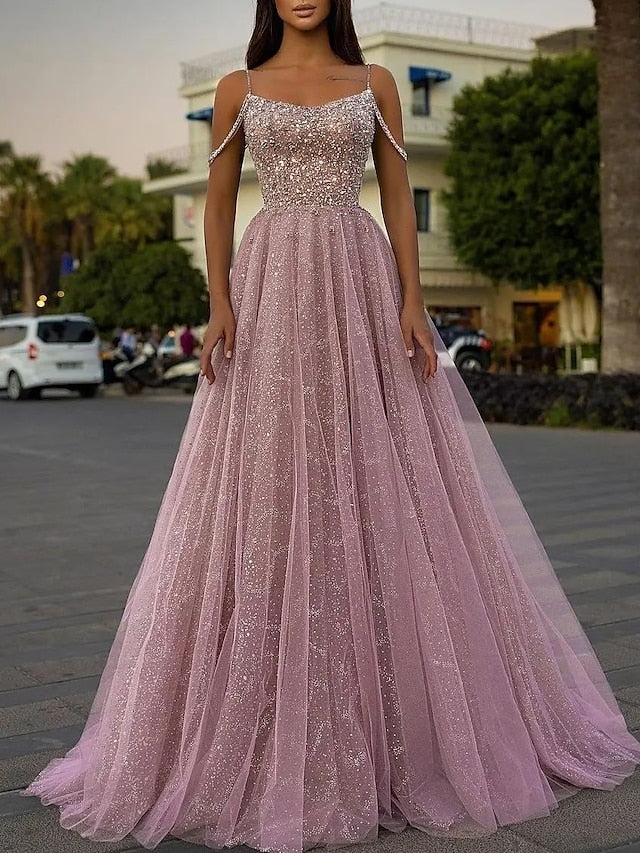 A-shaped/princess thin shoulder strap and floor length prom dress