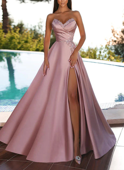A-shaped/princess strapless and ground length slit floral prom dress