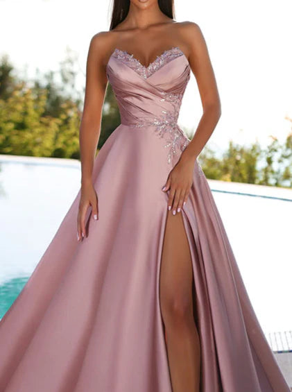A-shaped/princess strapless and ground length slit floral prom dress