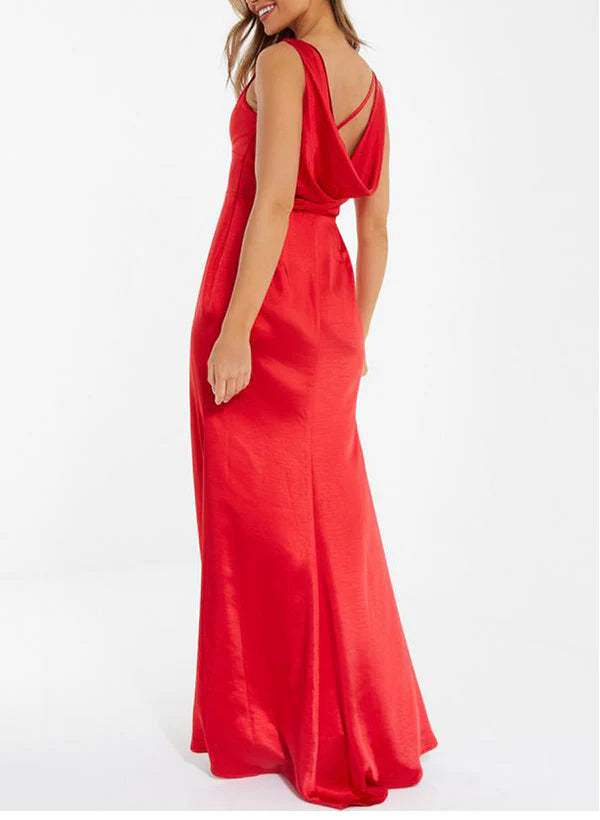 Robe de demoiselle d'honneur coupe ajustée/pilier, col en V et longueur au sol