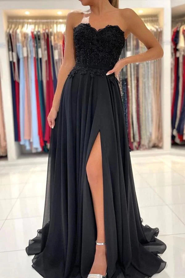 A-line Black Sweetheart Chiffon Lace Long Prom Dress Formal Dress