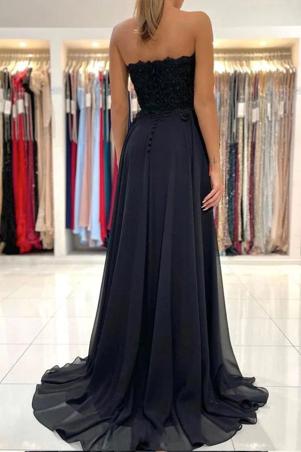 A-line Black Sweetheart Chiffon Lace Long Prom Dress Formal Dress