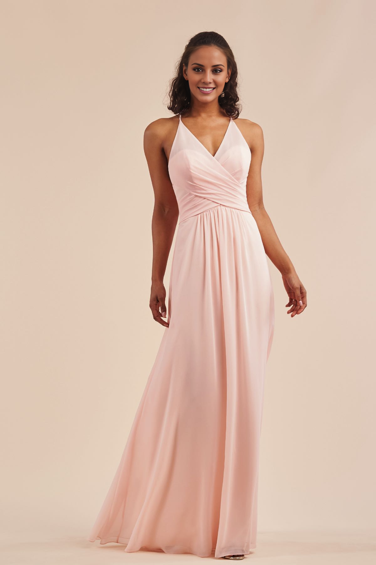A-line V-neck off shoulder sleeveless backless and floor length Prom dress