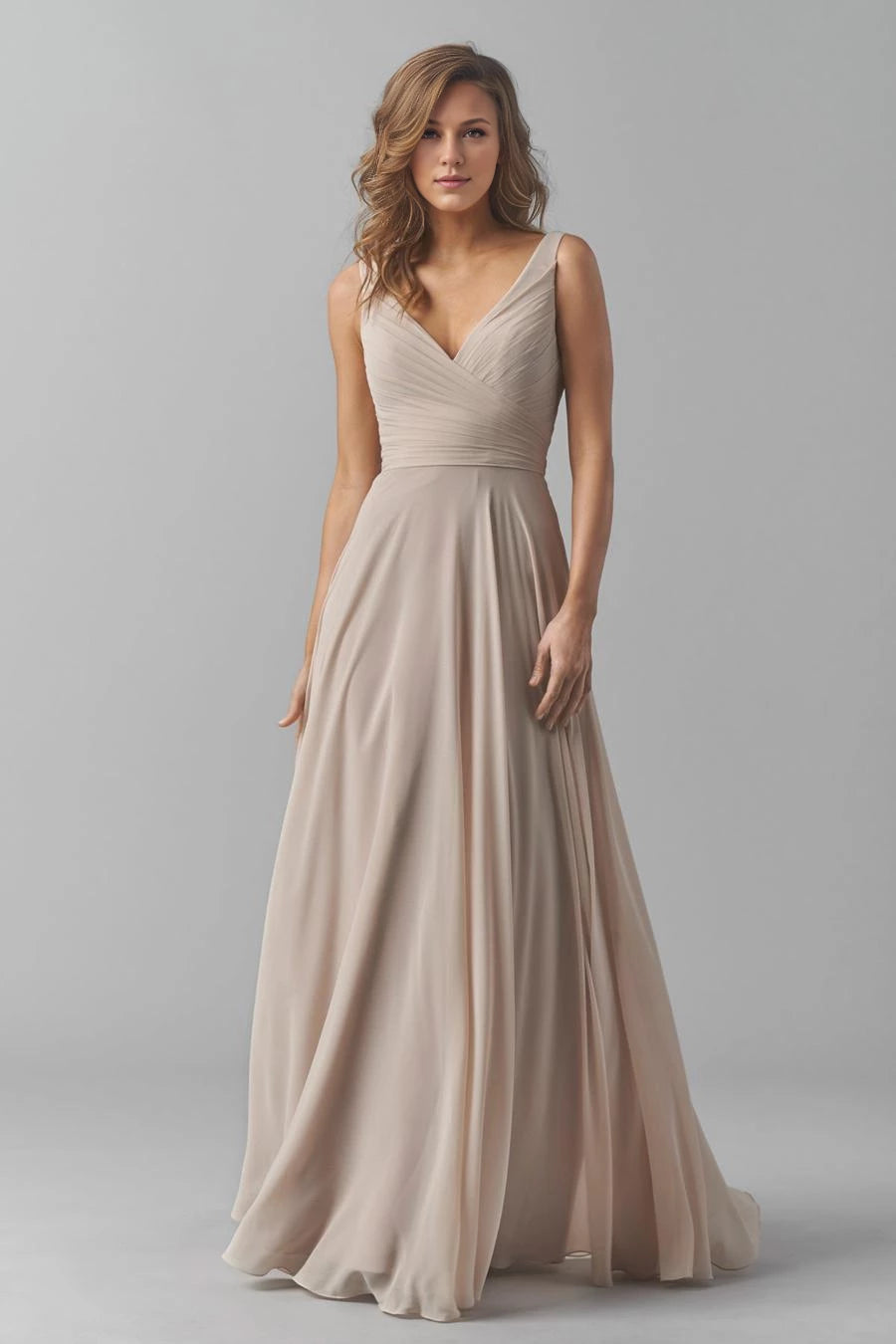 A-line V-neck off shoulder sleeveless backless and floor length evening dress